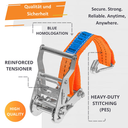 INTAKO Ratschenspanngurte mit Haken 8 m, 2000 kg, 4 Stück, orange