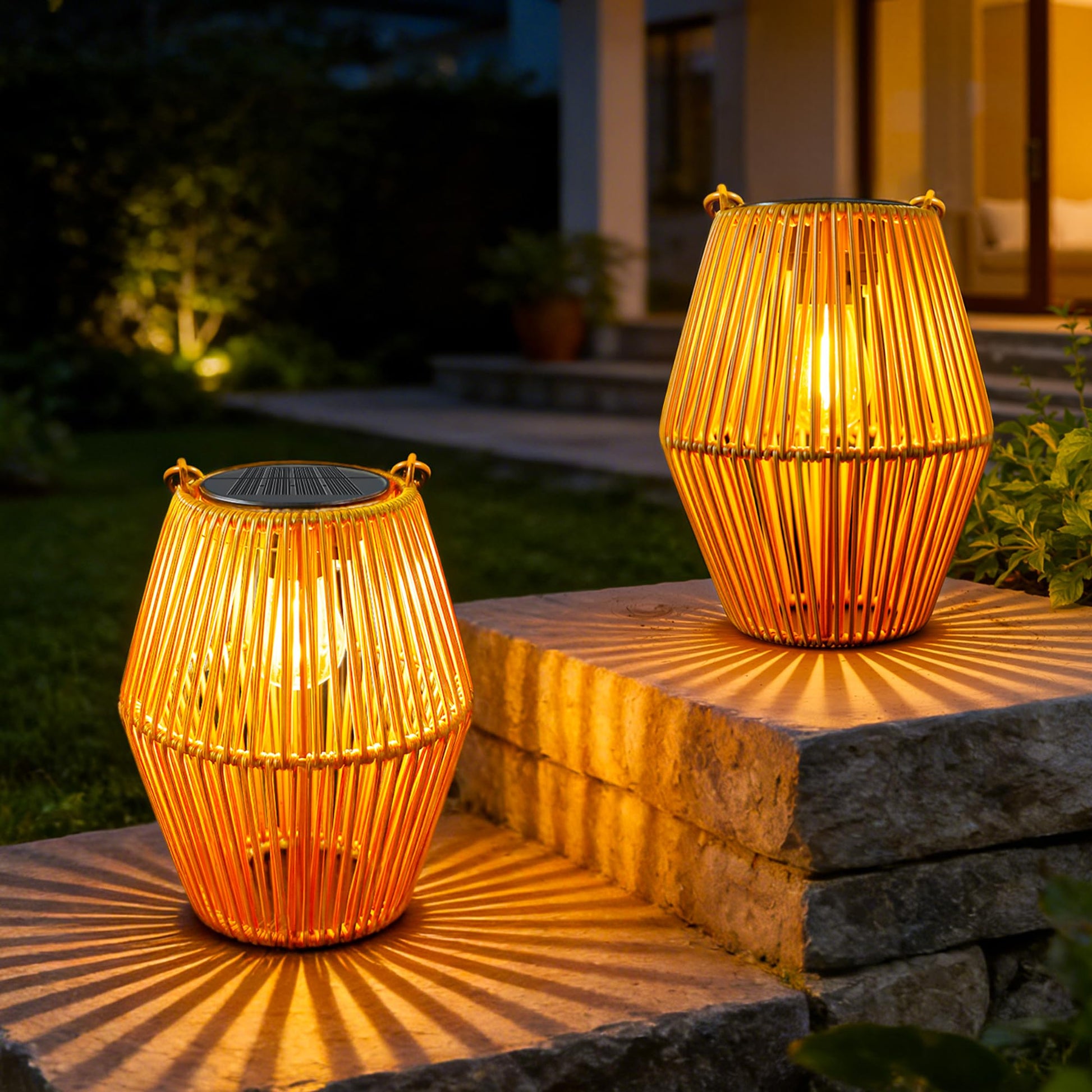 Ollny Solarlaternen für Aussen, 2er-Set Rattan-Optik, IP44, warmweiss, geflochten, mit Henkel