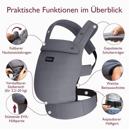 Momcozy Babytrage aus 100% Baumwolle, M-Position, 3,2-20 kg, Grau