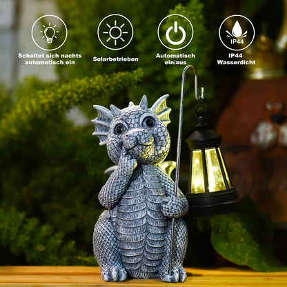 Yeomoo Drachenfigur mit Solarlaterne – Gartendeko aus Harz, Grau