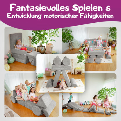 Linodino® Spielsofa Cord Fantasiewelt Kindersofa Bausteine - Elefanten Grau