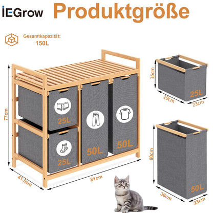 iEGrow Wäschewagen 4 Fächer 150L Grau – Bambus Ablage