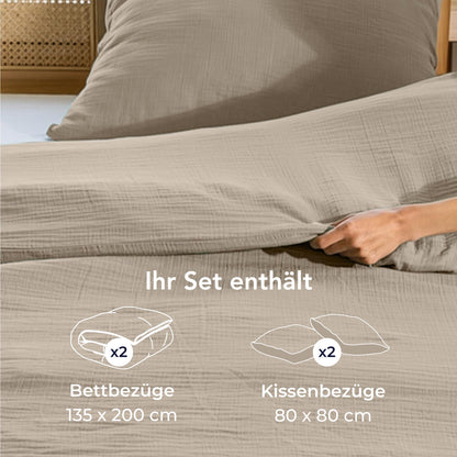 Dreamzie Musselin Bettwäsche Set 135x200 cm - Taupe