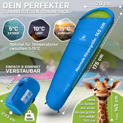 NORDBÄR Kinderschlafsack Mumienschlafsack bis 145 cm Körpergrösse