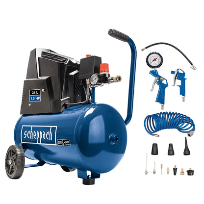 Scheppach Kompressor HC25o - ölfrei 24L 8 bar inkl. Werkzeug Set. Blauer Kompressor mit 24L Druckluftbehälter. Erzeugt Druckluft für pneumatische Werkzeuge und zum Aufpumpen.