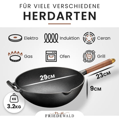 Friedewald® Gusseisen Wok – 29cm mit Deckel, Induktionsgeeignet