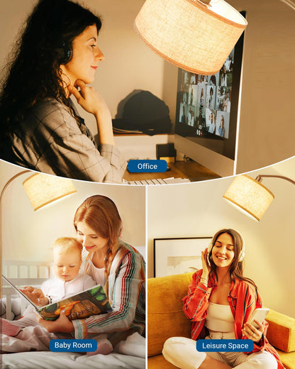 EDISHINE Bogenlampe Gold 161cm - Beiger Leinen-Schirm