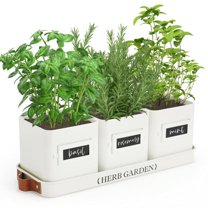 PERFNIQUE Kräutergarten Pflanztopf-Set mit Tablett, Metall, weiss, drei quadratische Töpfe