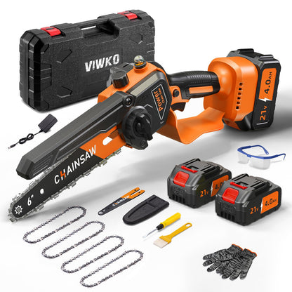 VIWKO Mini Kettensäge Akku 6 Zoll, bürstenlos, 2x 4000mAh, handgeführt für Holz- und Gartenschnitt