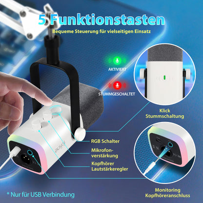 Fifine MI34 Dynamisches Streaming-Mikrofon USB/XLR mit Arm, Weiss
