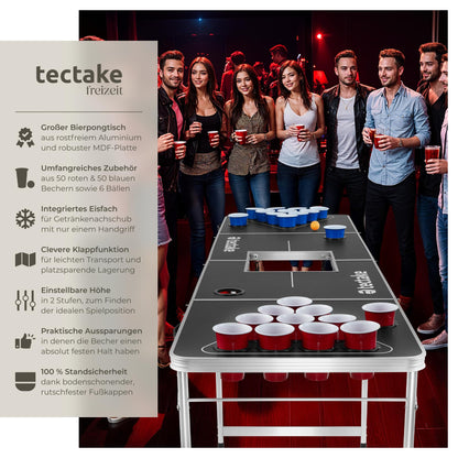 tectake Bierpong Tisch klappbar mit Eisfach, 100 Becher und 6 Bälle