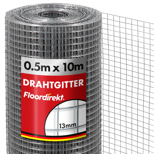 Floordirekt Volierendraht Drahtgitter – feinmaschig, 13x13mm, 50cm x 10m. Gerolltes Metallgitter zum Schutz/Gehegebau.