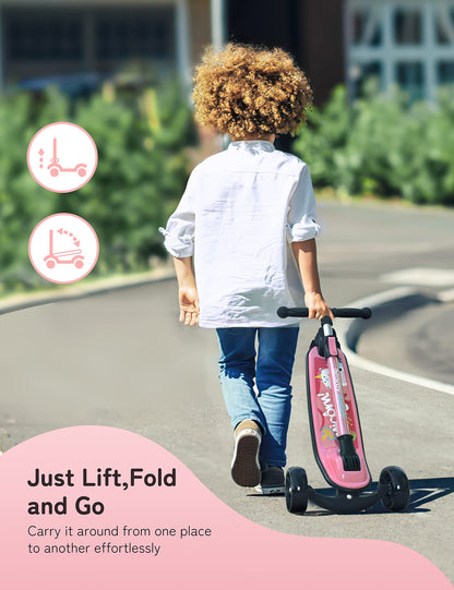 besrey Kinder Roller höhenverstellbar faltbar LED-Räder - Einhorn Rosa