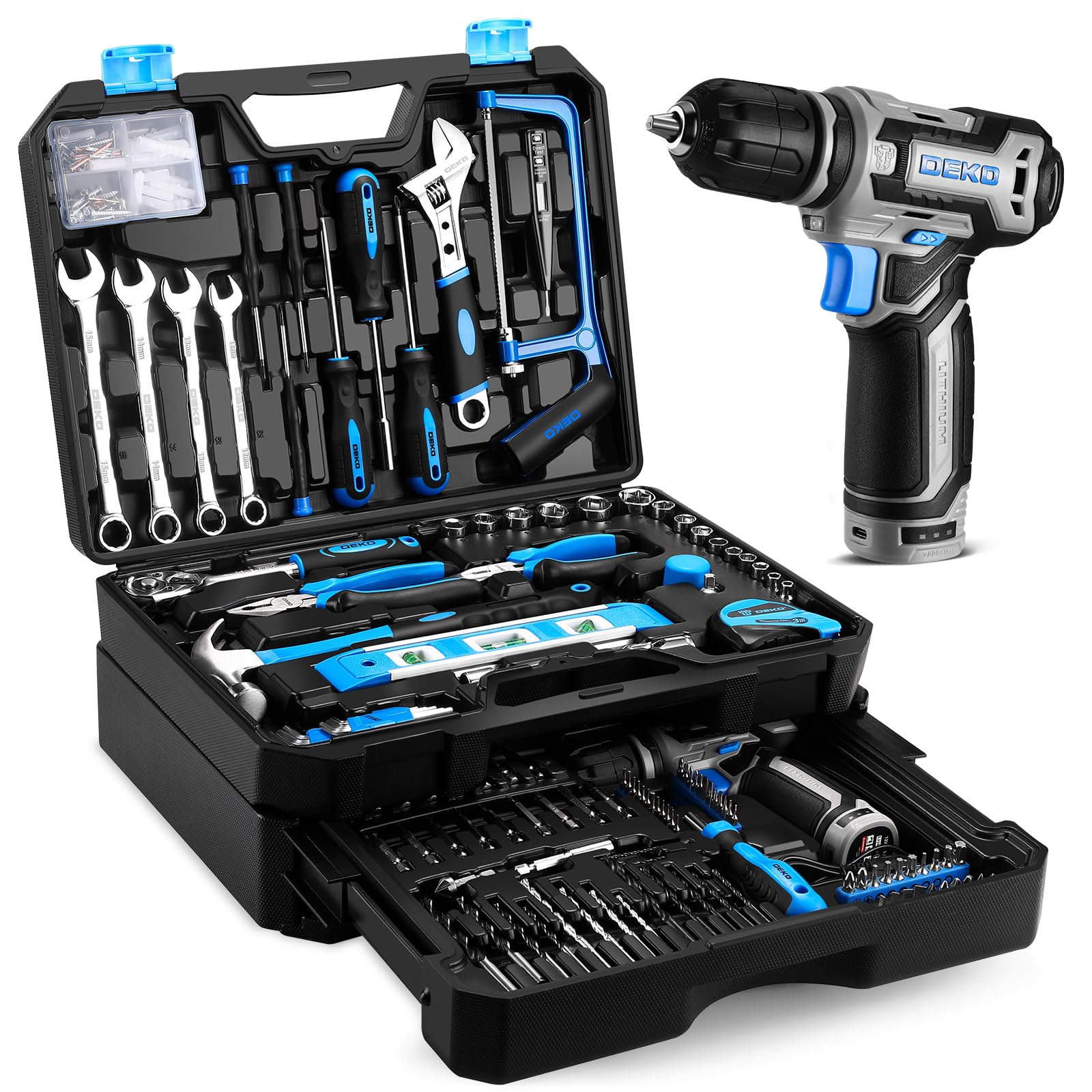 DEKO Werkzeugkoffer 238-tlg. mit 12V Akkubohrer und Schublade, Kunststoffkoffer für Hausreparaturen