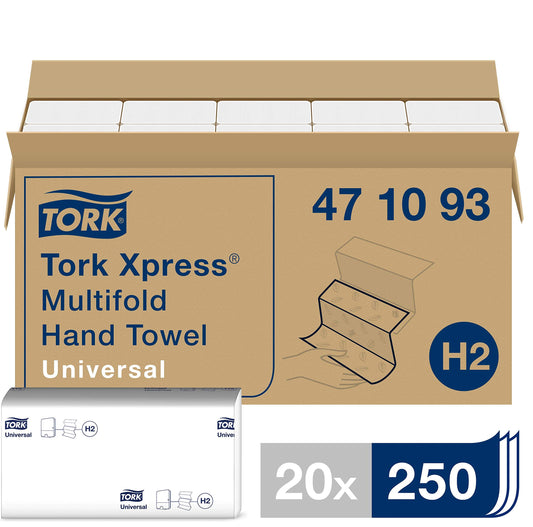 Tork Xpress Multifold Papierhandtücher H2 Universal 471093. Weiße, mehrfach gefaltete Papierhandtücher zum Händetrocknen aus H2-Spendern.