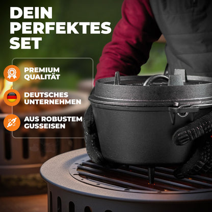BBQ BEN Dutch Oven Set 9 Liter - eingebrannter Gusseisen Feuertopf