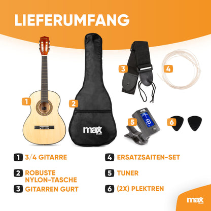 MAX SoloArt Akustik Gitarre 3/4 - Kinder ab 6 Jahren