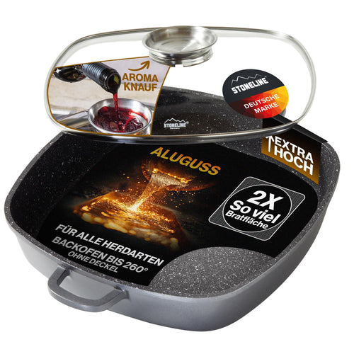 STONELINE Servierpfanne Eckig 32 cm Induktion mit Deckel Grau. Eckige, graue Pfanne mit Deckel zum Kochen & Servieren von Speisen.