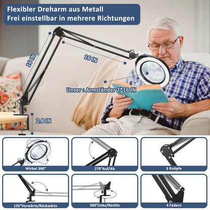 Jeedefi Lupenlampe 12-fach mit Licht, 5 Zoll Glaslinse, dimmbar