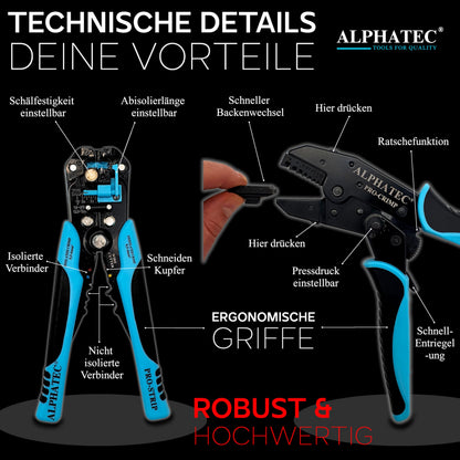 ALPHATEC Crimpzangen-Set PRO-08 mit Wechselbacken und Abisolierzange