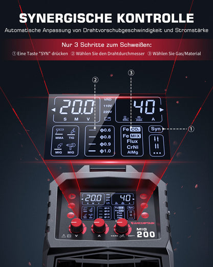 ARCCAPTAIN MIG MAG Schweißgerät 200A vollsynergisch 7-in-1
