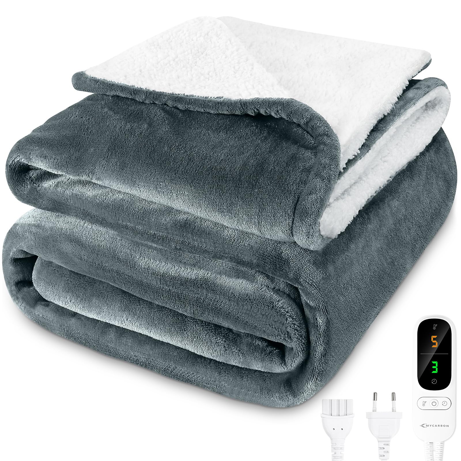 MYCARBON Heizdecke Elektrisch 180x160cm – Hellgrau. Rechteckige, hellgraue Decke für elektrisch gesteuerte Wärme auf Couch oder Bett.