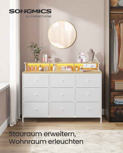 SONGMICS Kommode mit 9 Schubladen und LED-Beleuchtung, wolkenweiss