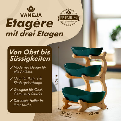 VANEJA Etagere 3-stöckig, Keramik Dunkelgrün mit Bambusständer