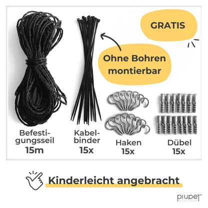 PiuPet Katzennetz drahtverstärkt 4x3 m schwarz inkl. Befestigungsset