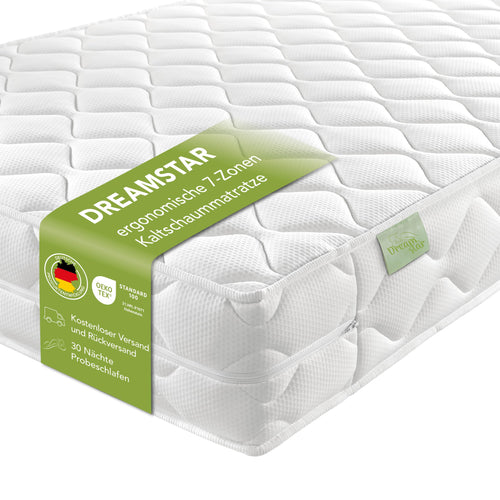 DREAMSTAR Ergo Flex Duo 7-Zonen Kaltschaummatratze 90x200cm H2/H3. Weiße Matratze für ergonomischen Schlafkomfort.
