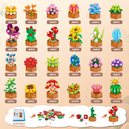 CUBIMANA Blumen Sukkulenten Klemmbausteine, 24 Bausätze, 2160 Teile