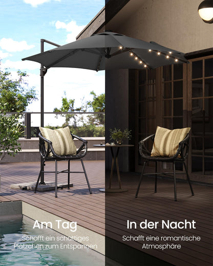 SONGMICS Ampelschirm 300 cm, Sonnenschirm mit Solar-LED, UPF 50+, grau