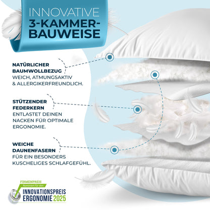 Glückstoff® Daunenkissen 3-Kammer 40x80 cm – Daunen & Federn Kopfkissen