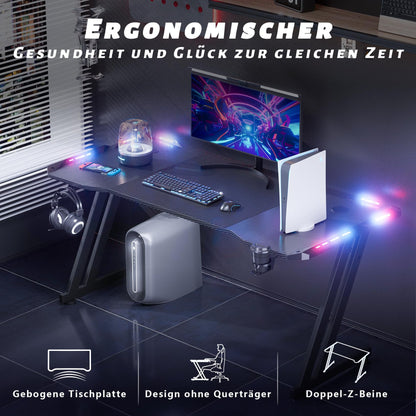 HLONONE Gaming Schreibtisch 120x60 LED – Schwarz Kohlefaser