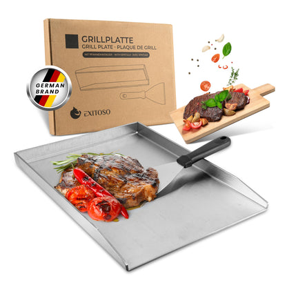 Exitoso Grillplatte Plancha Edelstahl 30 x 40 cm mit Grillspachtel, silber