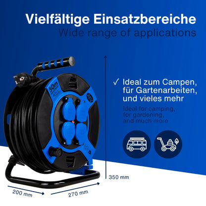 REV Kabeltrommel 50m Outdoor, IP44, 4 Schutzkontaktsteckdosen, blau