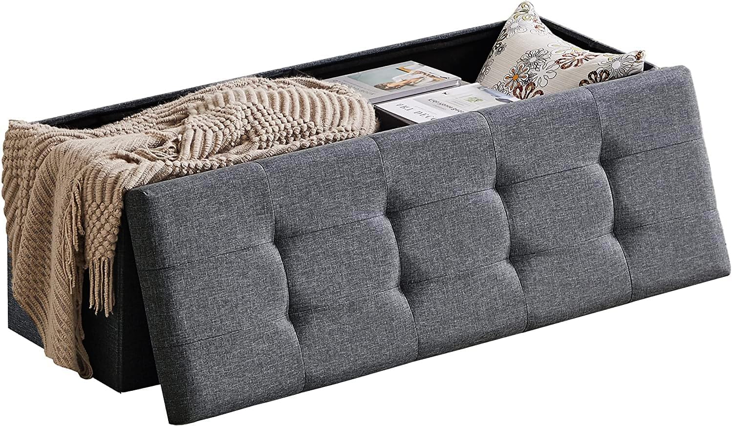 Zedelmaier Sitzbank mit Stauraum, faltbar, Leinen, Grau, 114x38x38 cm – gepolsterte Sitzfläche