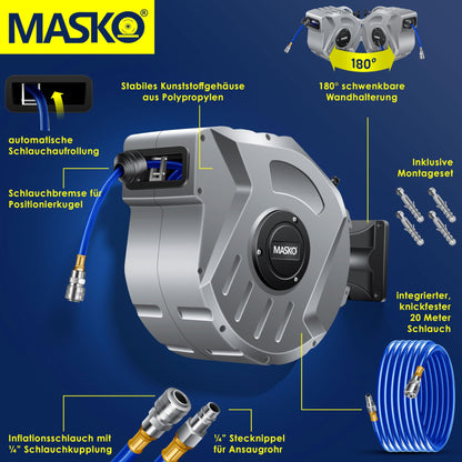 MASKO® Automatik Druckluftschlauch Aufroller 20m - Schlauchtrommel