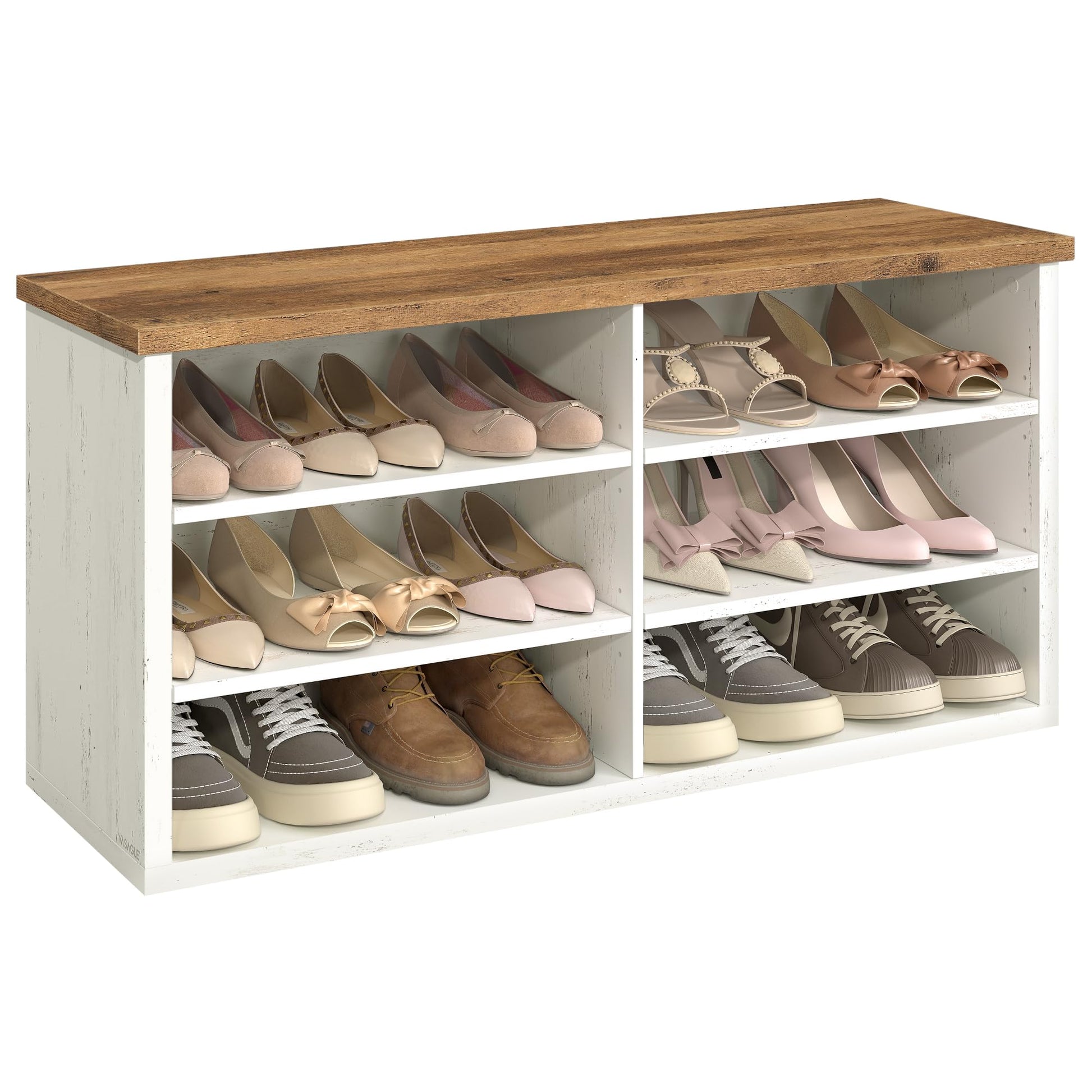VASAGLE Schuhbank mit Stauraum, 6 Fächer, vintageweiss-honigbraun – Sitzbank im Landhausstil für den Flur