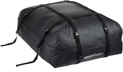 Amazon Basics Dachgepäckträger-Tasche 425 l, Schwarz – faltbar, mit 8 Befestigungsgurten