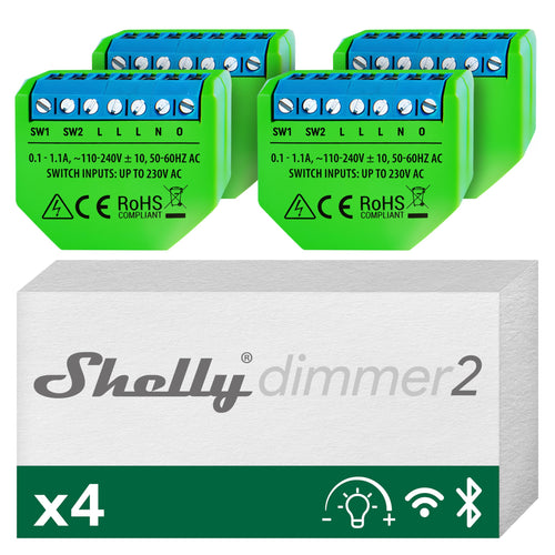 Shelly Dimmer 2 Intelligenter Wlan Dimmer Modul – 4 Stück. Weißes Modul zur WLAN-Dimmung von Beleuchtung.