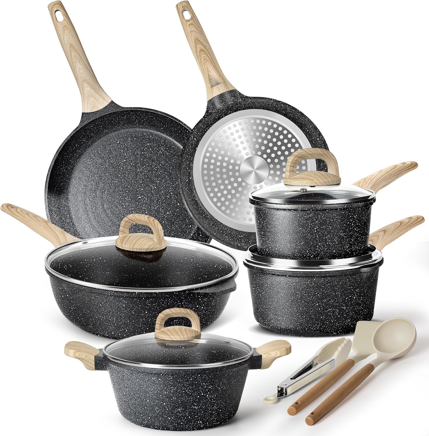 Terlulu Topfset Induktion 13-teilig, Granit Kochtopfset mit Deckel – schwarz, Glasdeckel