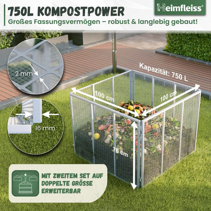 Heimfleiss Metallkomposter 750 L, verzinkter Stahl, 100x100x75 cm