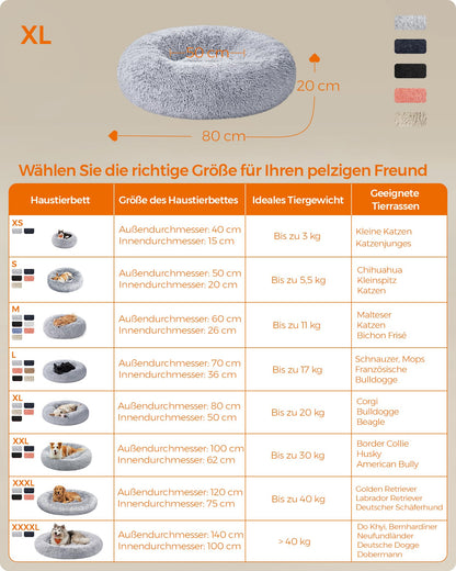 Feandrea Hundebett Donut, waschbares Katzenbett, Plüsch, 80 cm, grau