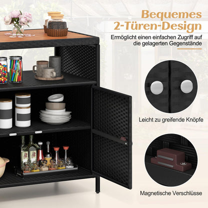 COSTWAY Gartenschrank Rattan mit Akazienholz-Arbeitsplatte, Schwarz