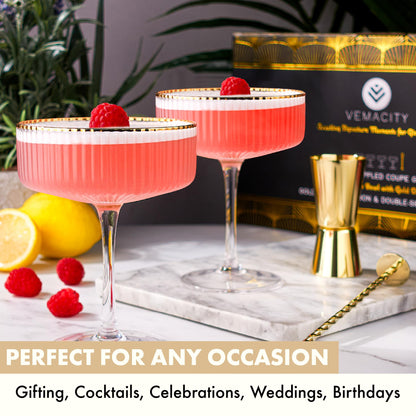 Vemacity Martini Gläser Set mit Goldrand, geripptes Glas, 300 ml