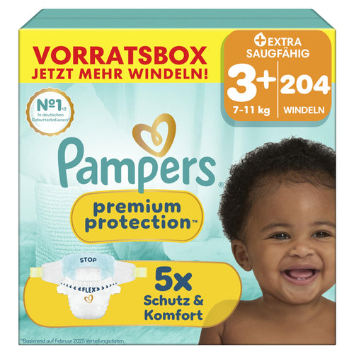 Pampers Premium Protection Windeln Grösse 3+, 7–11 kg, 204 Stück