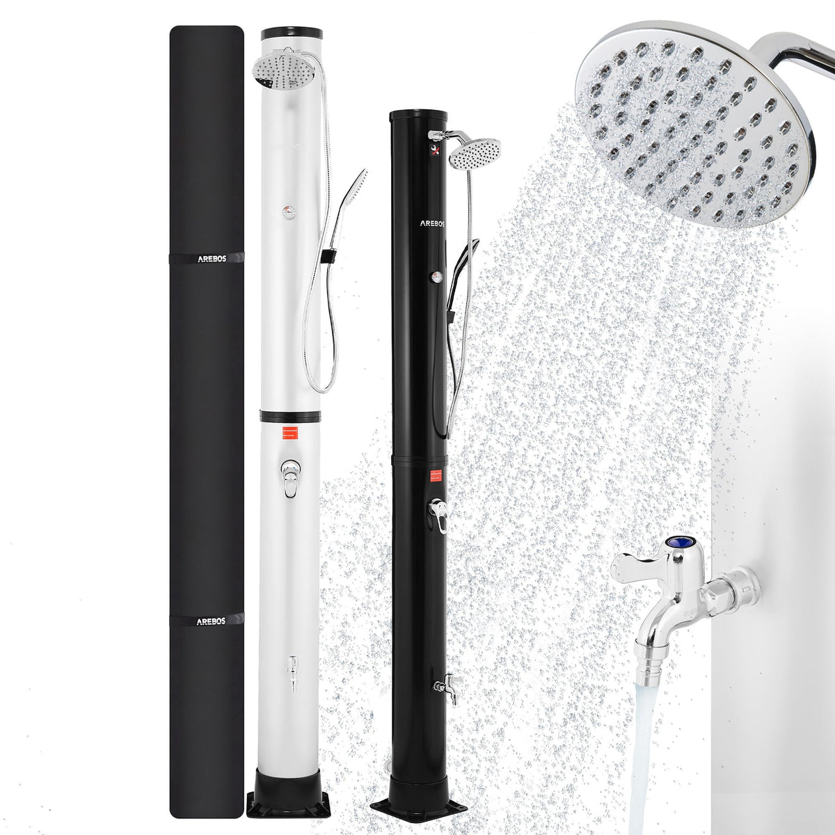Arebos Solardusche 40 L mit Thermometer und Fussdusche, Silber – PVC-Korpus mit Aluminiumfuss und schwenkbarem Duschkopf