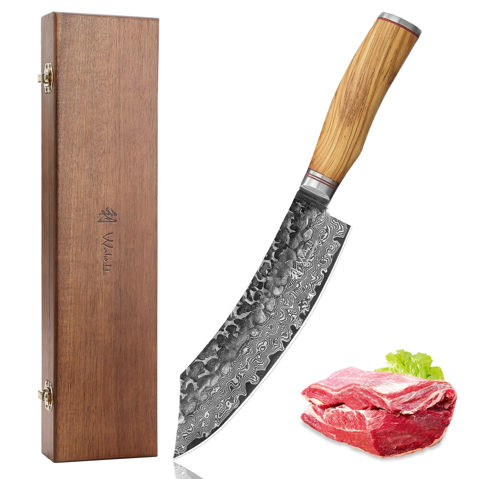 Wakoli Olive HS Damastmesser – 20cm Olivenholz Hammerschlag. Damastklinge, Hammerschlag, Olivenholzgriff. Nahrung zerkleinern.