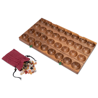 LOGOPLAY Hus Mancala Steinchenspiel aus Samena-Holz mit Edelsteinen, dunkles Spielfeld